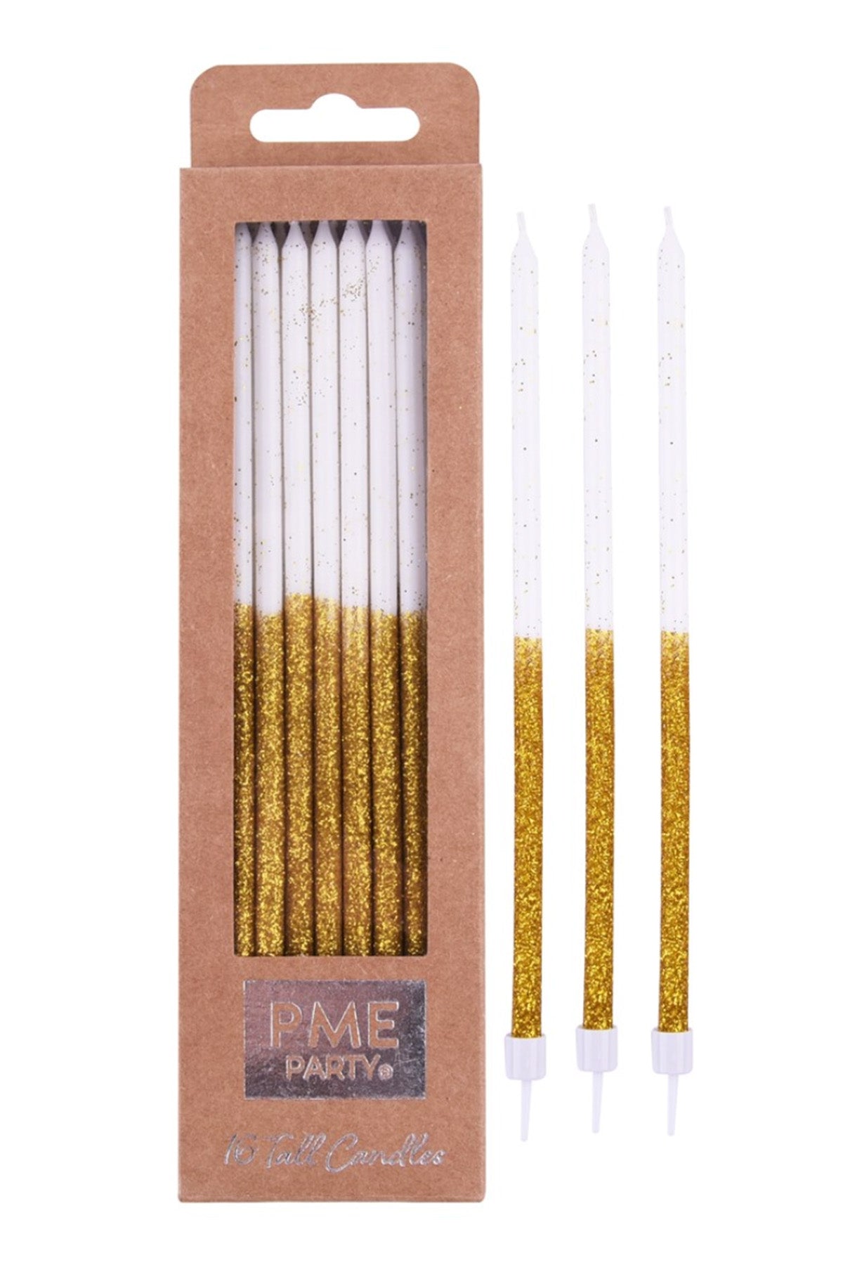 Candles - Gold Glitter Extra Tall W/ Holders (7") - Pk/16 Birthday Candles PME 
