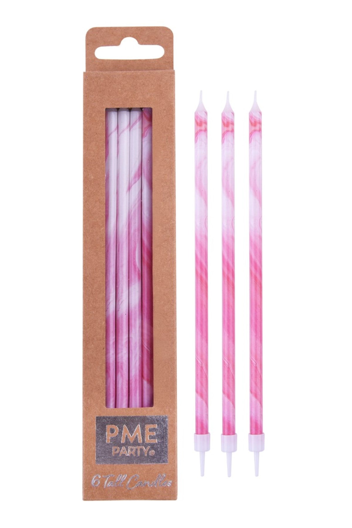 Candles - Pink Marble Extra Tall W/ Holders (7") - Pk/6 Birthday Candles PME 