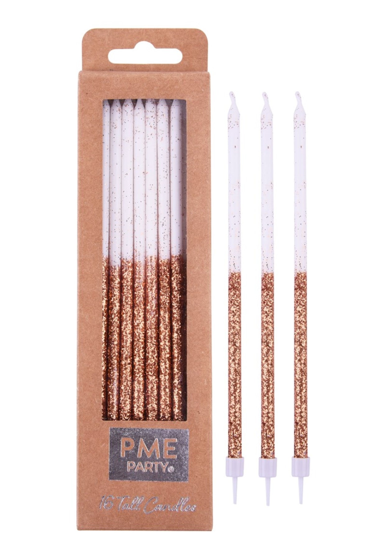 Candles - Rose Gold Glitter Extra Tall W/ Holders (7") - Pk/16 Birthday Candles PME